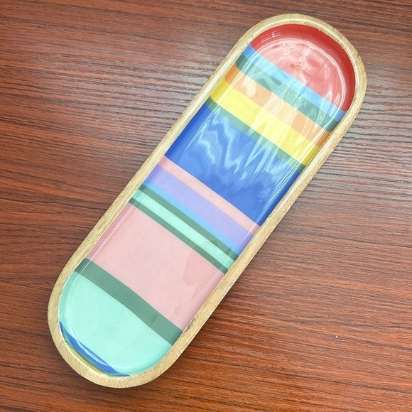 Adorable Rainbow striped wooden 12 inch trinket tray trinket dish decorative - Picture 6 of 6